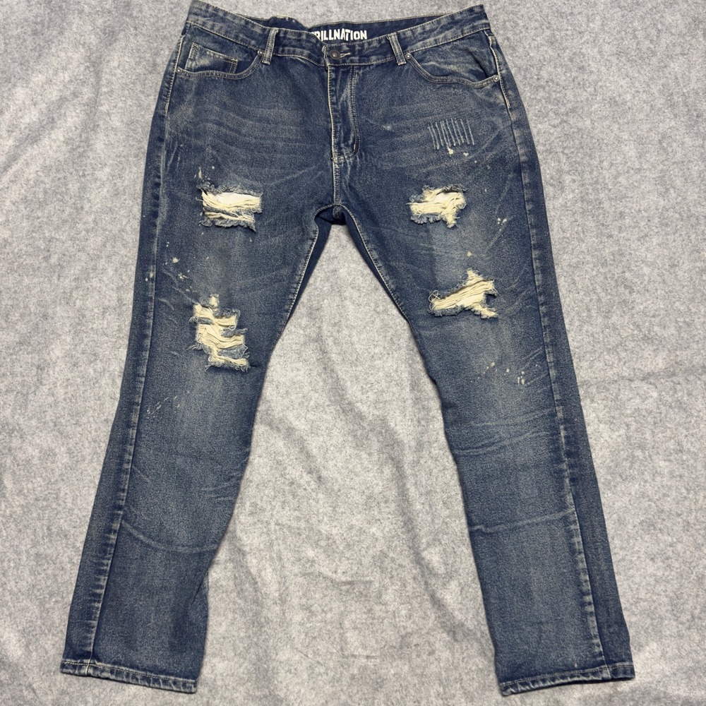 Trillnation Mens Distressed Denim Jeans‎ Blue Paint Splatter 38x32 Distressed